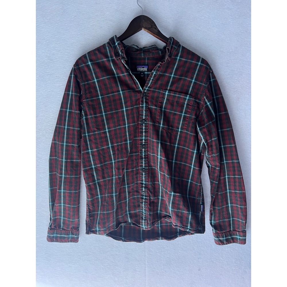 Patagonia Mens Organic Cotton Plaid Flannel Button Down Shirt Red Teal Size M